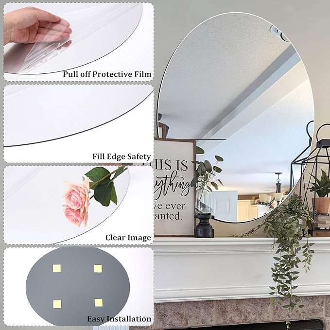 JUNEBRUSHS Oval Mirror, Acrylic Oval Bathroom Mirrors Unbreakable Frameless - Image 2