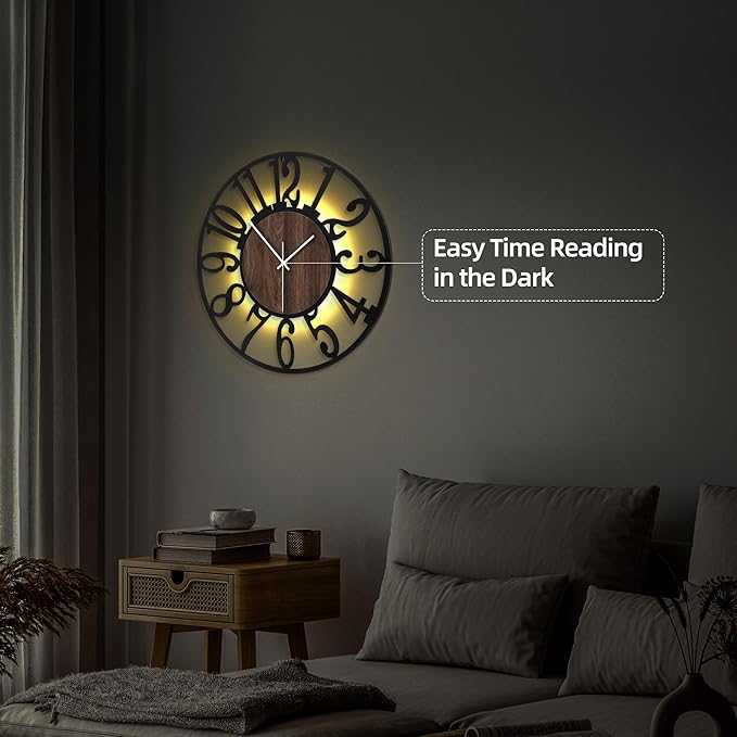 24'' Silent Wall Clock with Adjustable Night Light, Glow in The Dark Decorative - Image 5