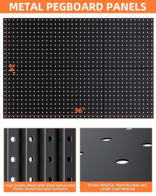 INCLY 6 Pack 12"x12" Black Metal Pegboard Panels, Heavy Duty Pegboard Wall - Image 4