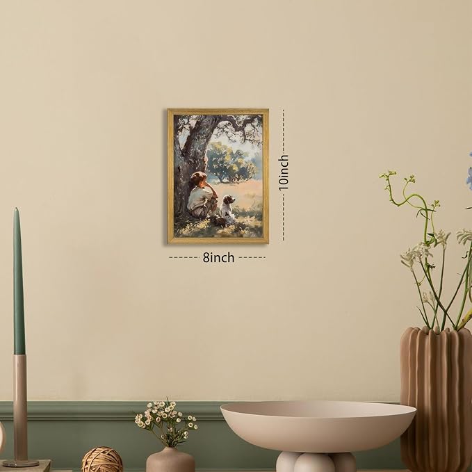 Wood Framed Canvas Wall Art, Vintage Boy and Dog Painting Poster, Countryside - Image 5