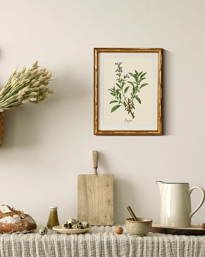 InSimSea Gold Bamboo Framed Canvas Wall Art, Vintage Watercolor Sage Herbs - Image 5
