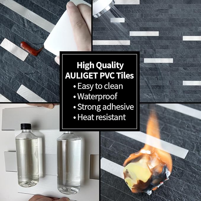 AULIGET 20 Sheets Black Slate Peel and Stick Backsplash, PVC Mixed Metal Silver - Image 5