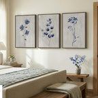 Framed Boho Floral Wall Art for Living Room, 3 Piece Blue Minimalist Botanical - Image 2