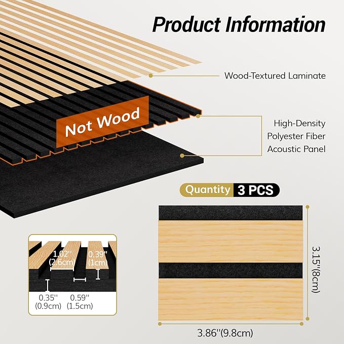 TONOR Wood Veneer Acoustic Panel Color Sample, 3.86''x3.15''x0.74'' Wood Slat - Image 2