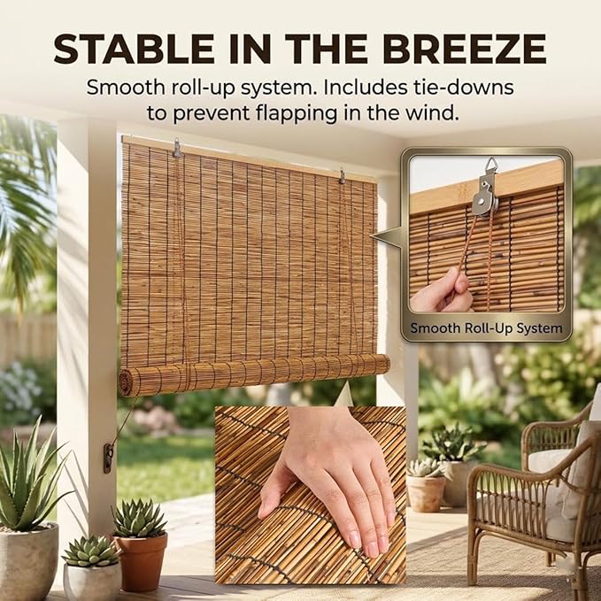 Outdoor Bamboo Roller Blinds 72 84 108 64 48 36" W, Natural Reed Patio Shades - Image 4