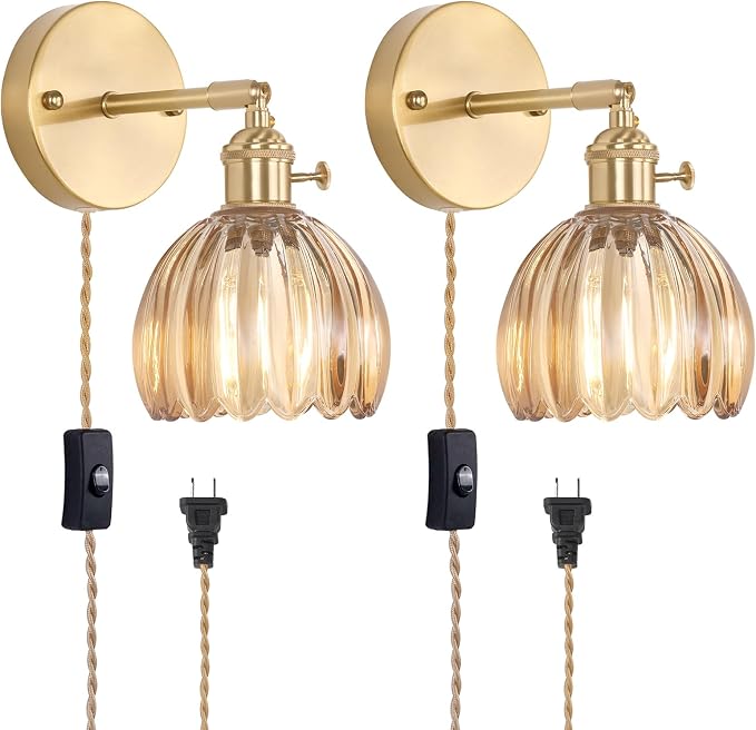 Shenmoyl Plug in Wall Sconce, Amber Tulip Glass Lampshade Wall Light Plugin by Shenmoyl