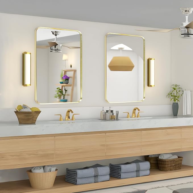 Wall Mount Mirror for Bathroom, Brushed Gold Metal Framed Rounded Corner - Image 4