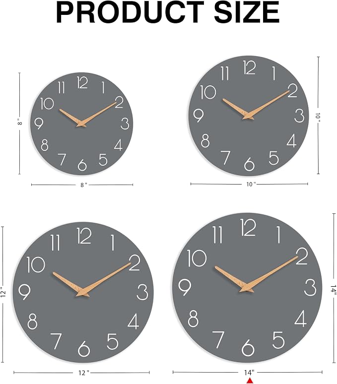 cicininc Wall Clock, 14 Inch Wooden Silent Non-Ticking, Decorative Battery - Image 3