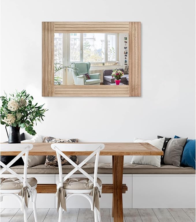 Rectangle Mirror Retro Wooden Wall-Mounted Mirrors Farmhouse Bedroom Bathroom - Image 2