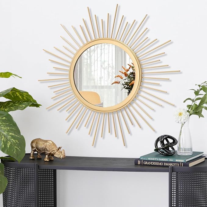 Large Gold Spoked Sunburst Wall Mirror Boho Home Decor Round Wall Art Mirror - Image 2