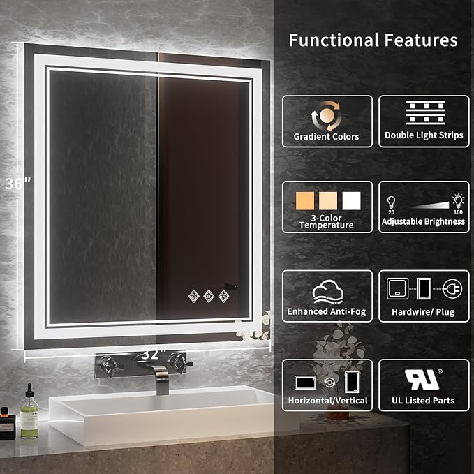 Bathroom Mirror, 32x36 Inch Gradient Front and Backlit LED Mirror - Image 2