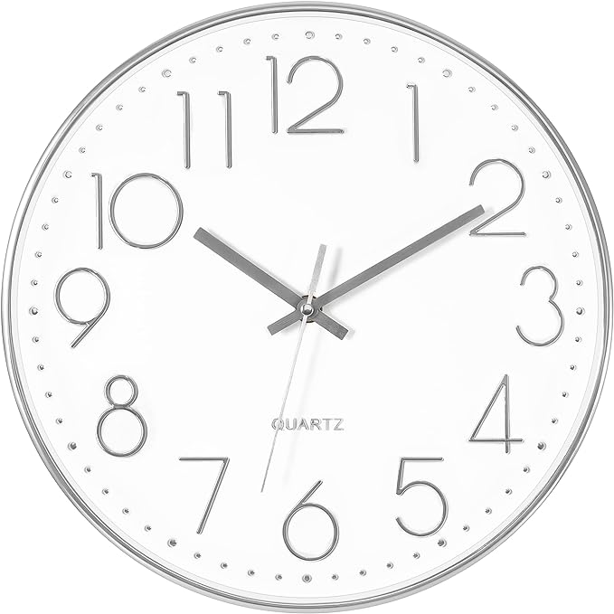 Foxtop Silver Wall Clock Silent Non-Ticking Battery Operated Round Modern Wall by Foxtop
