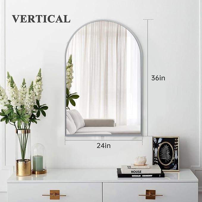 24" x 36" Silver Arched Mirror, Modern Aluminum Alloy Metal Frame, Arch - Image 3