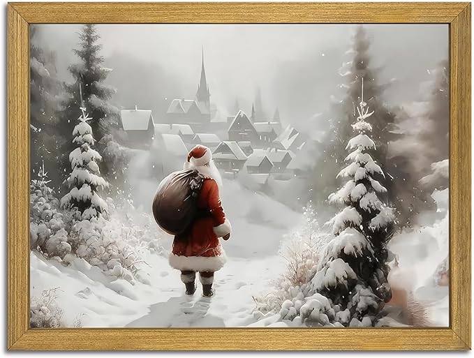 Vintage Christmas Canvas Wall Art, Wood Framed Santa Claus Wall Decor Painting by Unknown
