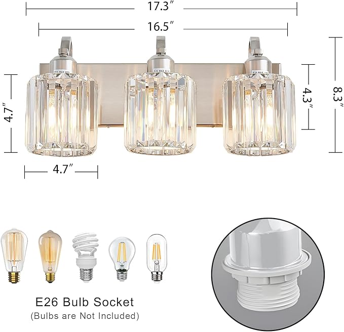 Modern Vanity Light 3-Lights Brushed Nickel Vanity Light Crystal Bathroom Wall - Image 3