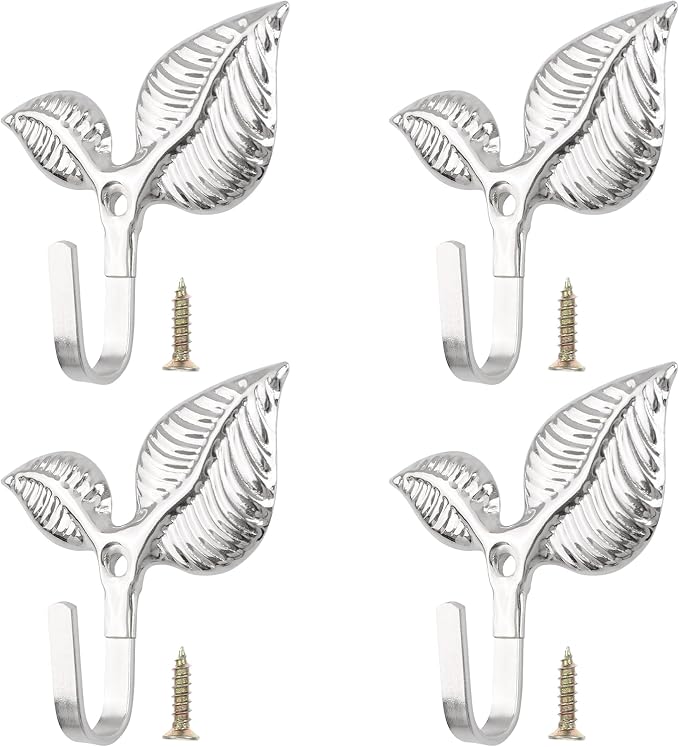 Set of 4 Vintage Leaf Wall Hooks Silver Metal Coat Hooks Heavy Duty Decorative by Unknown