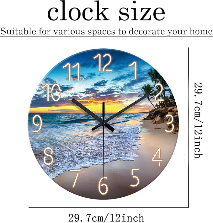 Palm Tree Clocks Battery Operated 12 Inch Glass Blue Wall Clock Non Ticking - Image 3