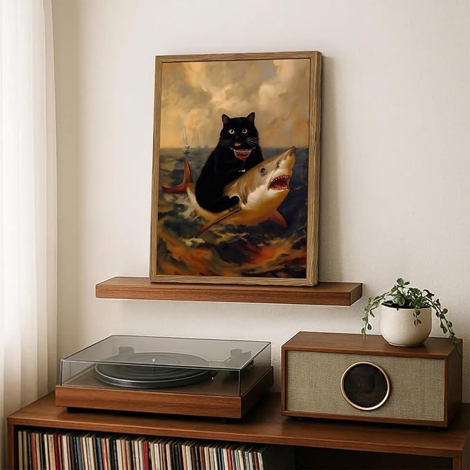 Funny Black Cat Wall Art Whimsical Cat Riding a Shark Wall Decor Picture Unique - Image 7