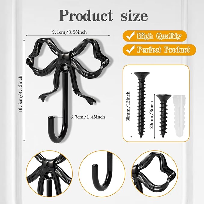 2 PCS Large Size Black Bow Wall Hook, Metal Hooks, Bow Room Decor Hooks - Image 2
