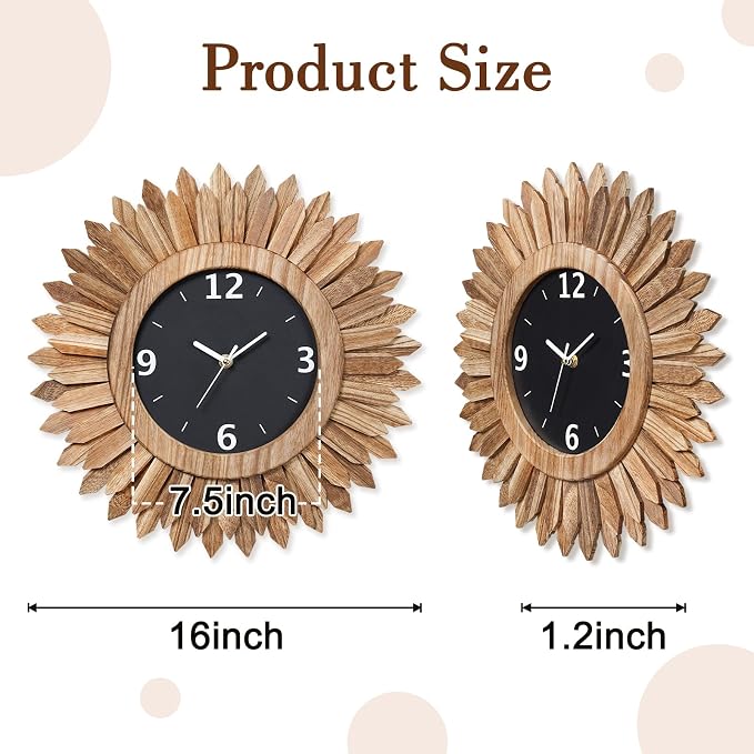 Honiway 16 Inch Wall Clocks, Rustic Wood Boho Sunburst Decorative Wall Clock - Image 5