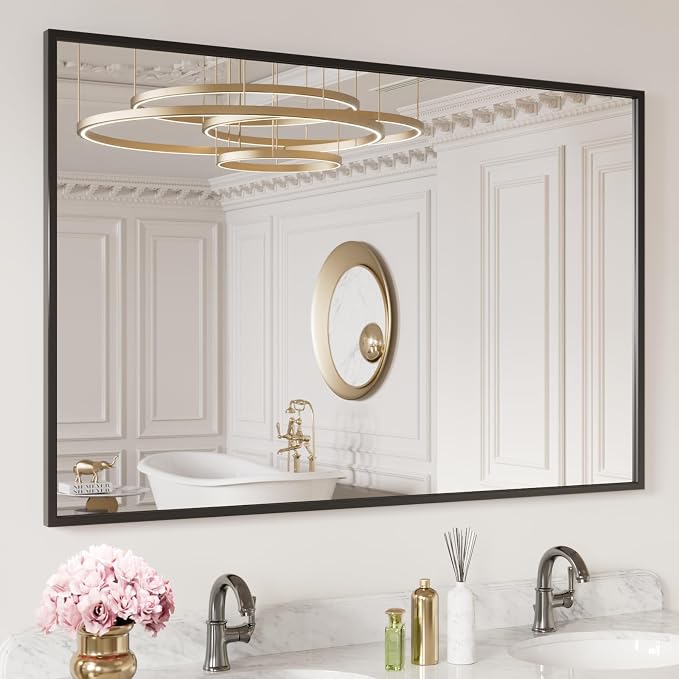 LOAAO 48"X30" Black Rectangle Bathroom Mirror Wall, Matte Black Aluminum Alloy by LOAAO