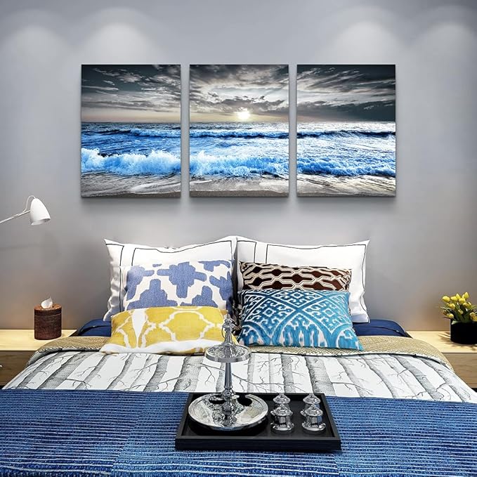 MHARTK66 3 Panel Blue Beach Canvas Wall Art - Image 4