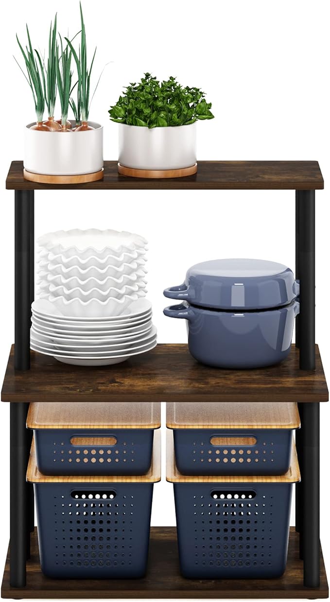 Furinno Turn-N-Tube 3-Tier Toolless Kitchen Storage Shelf, Amber Pine/Black - Image 4