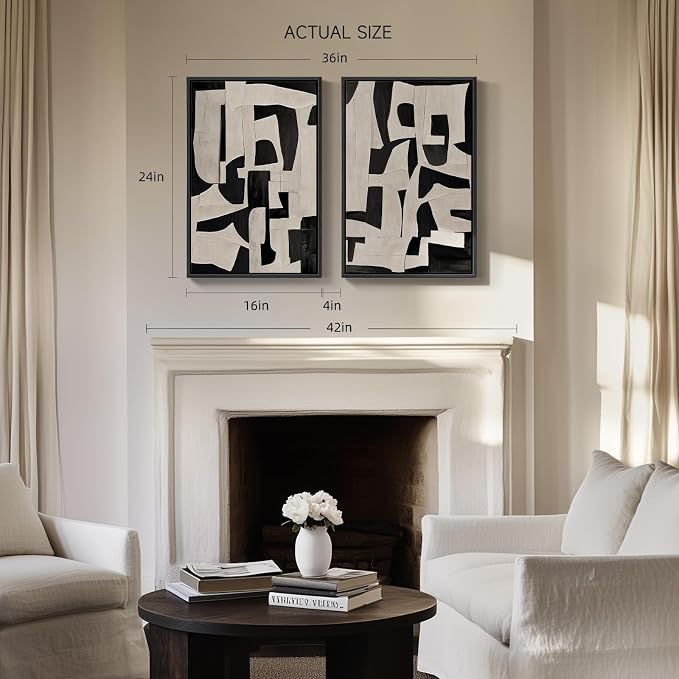 Framed Black and Beige Abstract Wall Art, 2 Piece Canvas Prints Paintings - Image 3