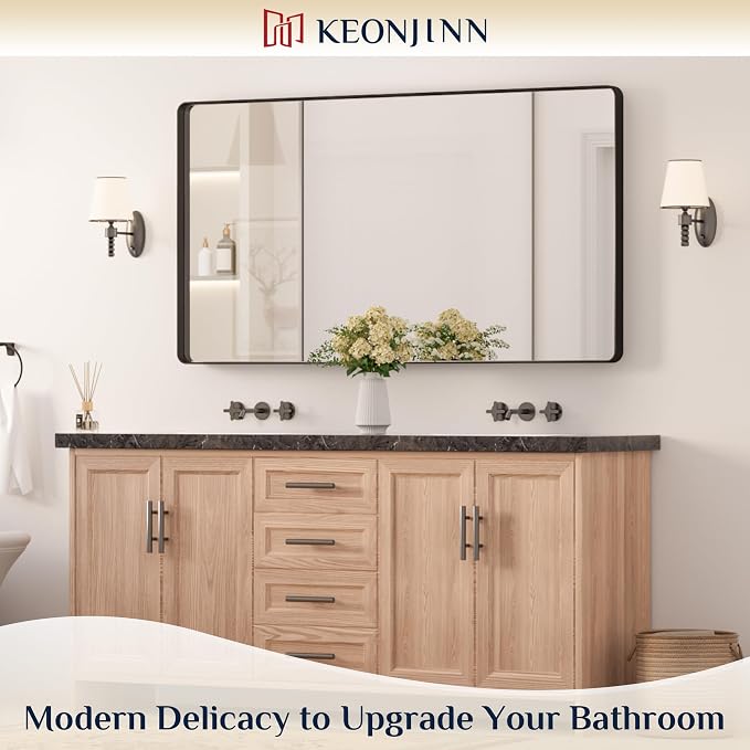 Keonjinn Black Bathroom Mirror, 55” x 30” Rounded Rectangle Sandblasted Finish - Image 2