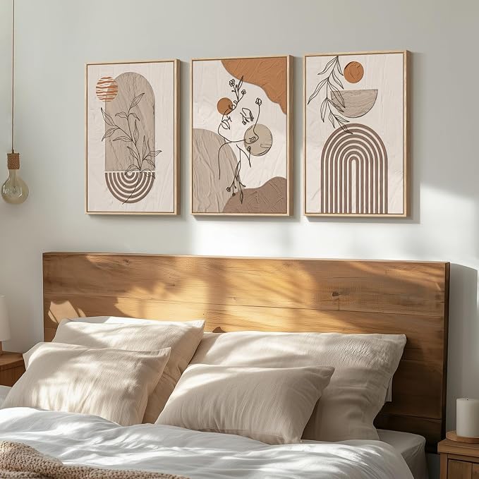 Framed Earth Tone Boho Abstract Wall Art Bedroom, 3 Piece Neutral Modern - Image 2