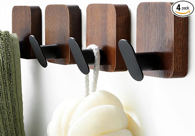 DELITON Wooden Wall Hooks, 4 Pack Acacia Adhesive Towel Hooks Sticky on by DELITON