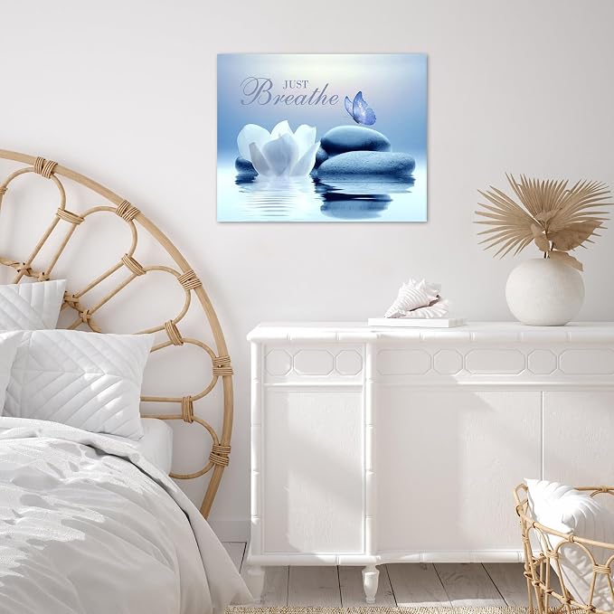 EOBTAIN Zen Framed Wall Art 20x16 Inches Blue Butterfly and Water Lily Flower - Image 5