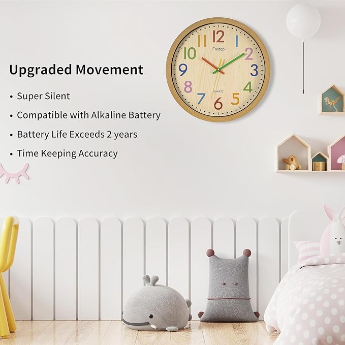 Foxtop Silent Kids Wall Clock 12 Inch Non-Ticking Battery Operated Colorful - Image 3