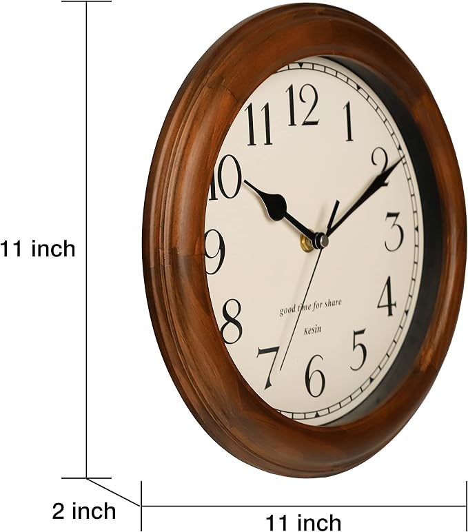 Wooden Wall Clock with Retro Design, 11 Inches Round Wall Clocks Battery - Image 6