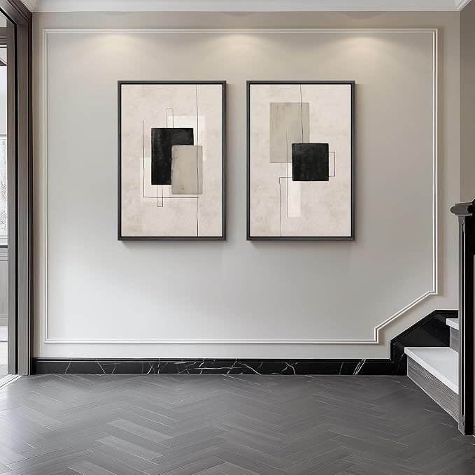Large Framed Neutral Abstract Wall Art Set of 2, Minimalist Block Lines Pictures - Image 8