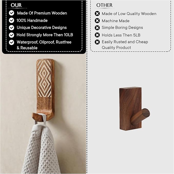 Indian Shelf 10 LB Decorative Wood Adhesive Wall Hooks–Boho Peel and Stick Hooks - Image 2