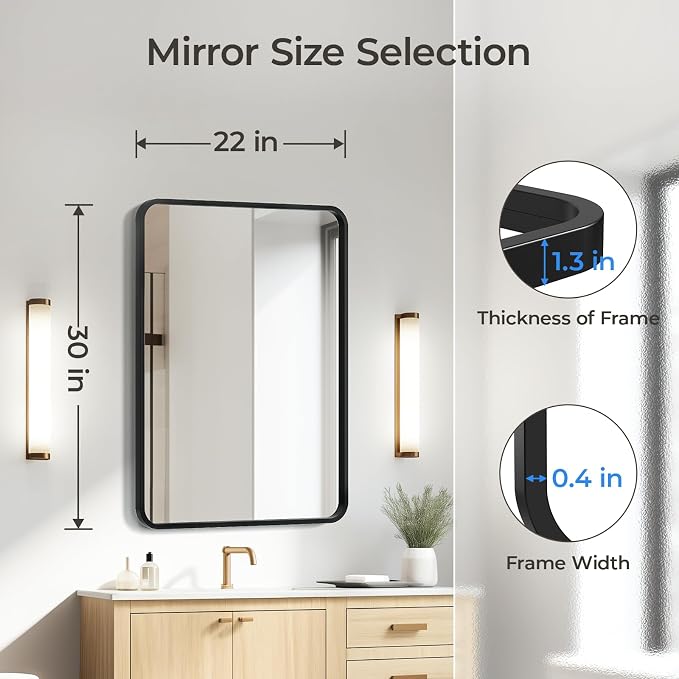 USHOWER Black Bathroom Mirror for Over Sink 22 x 30 Inch, Matte Black Rectangle - Image 4