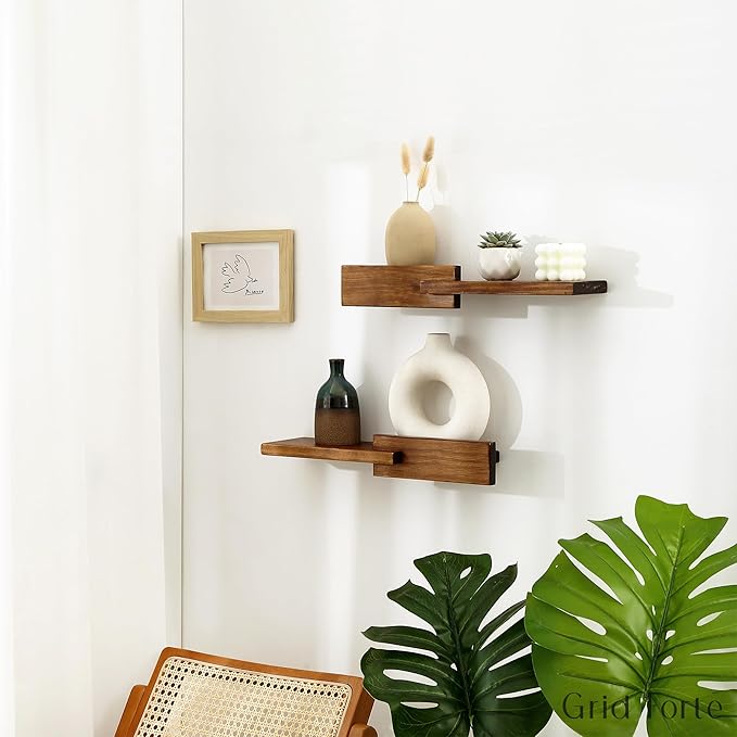 GRID FORTE Wood Floating Shelf Set of 2, 4.5D x 15W Inch Modern Reversible Wall - Image 2