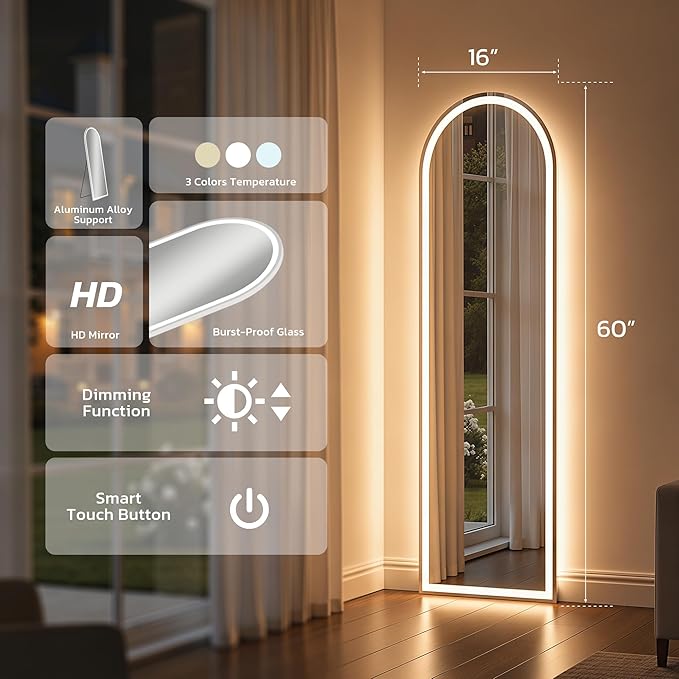 Full Length Mirror with LED Lights, Free Standing Floor Mirrors, Lighted Full - Image 4