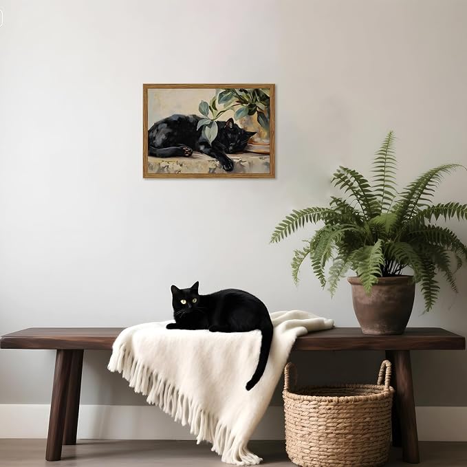 Framed Black Cat Canvas Wall Art, Vintage Sleeping Cat - Image 2