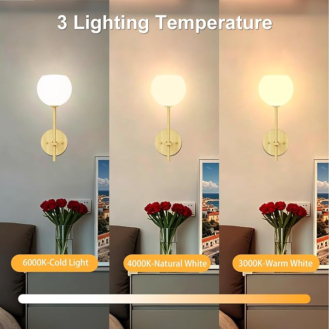 Wood Grain Battery Operated Wall Sconces Set of 2, Rechargeable Wireless Wall - Image 4