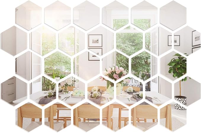 Shappy 32 Pcs Hexagon Mirror Wall Stickers Removable Silver Acrylic Mirror by Shappy