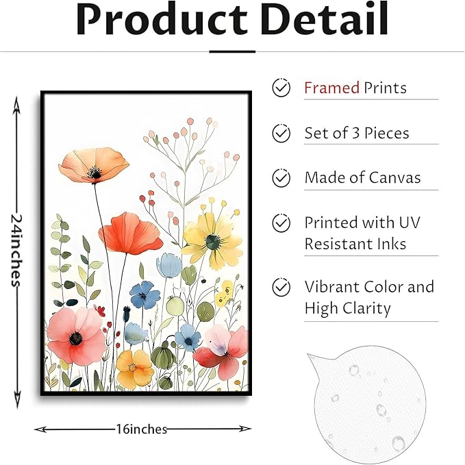 KISSFOX Framed Colorful Wildflower Canvas Wall Art Set Of 3 Flowers Pictures - Image 6