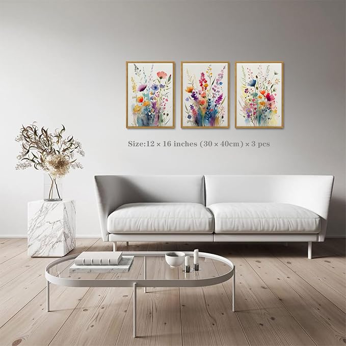 KISSFOX 3 Piece Colorful Wildflower Botanical Framed Wall Art Watercolor Floral - Image 2