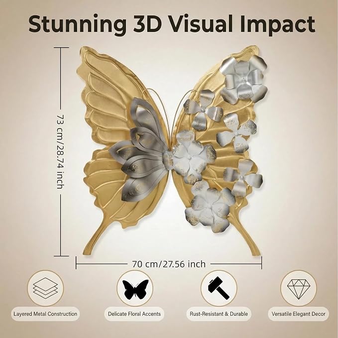 XWYLFDC Large Sized 3D Metal Wall Art Featuring Golden Butterfly - Image 5