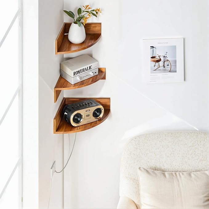 Demigo Corner Shelf Wall Mount Set of 3, Solid Acacia Wood Round Floating - Image 2