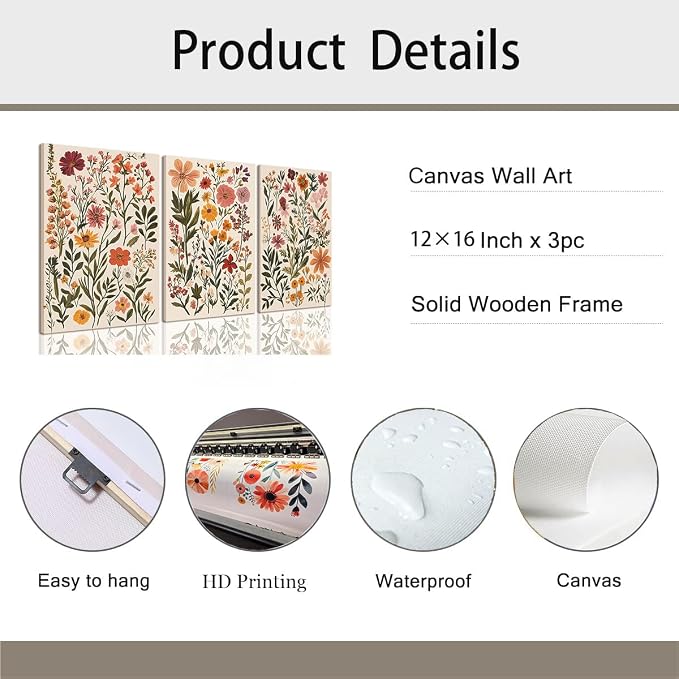 KISSFOX 3 Piece Boho Floral Canvas Wall Art - Image 5