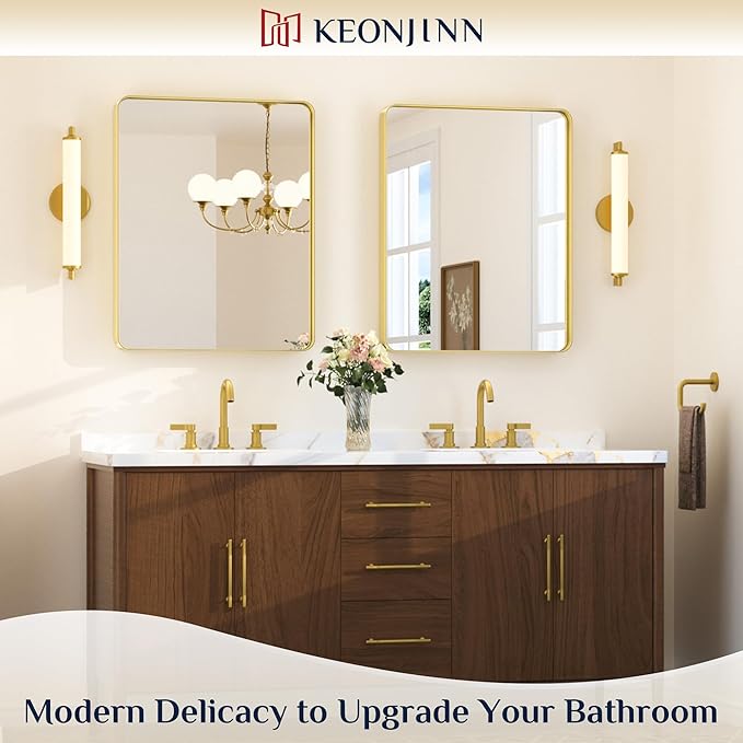 Keonjinn Gold Bathroom Mirrors for Over Sink, 24” x 30” Rounded Rectangle - Image 2