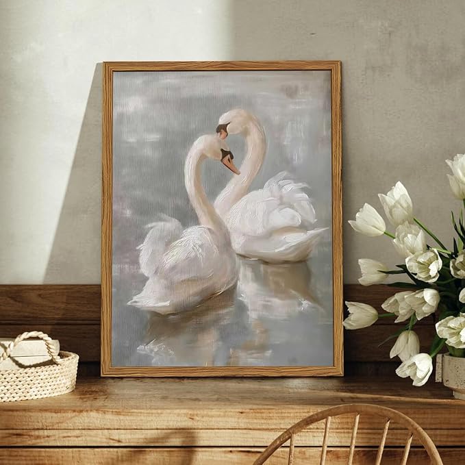 Framed Vintage Swan Canvas Wall Art, Romantic White Swan Paintings Wall Decor - Image 2