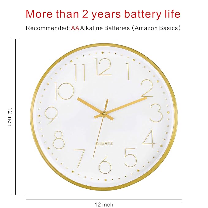 Foxtop Gold Wall Clock 12 Inch Silent Non-Ticking Battery Operated Round Quartz - Image 2